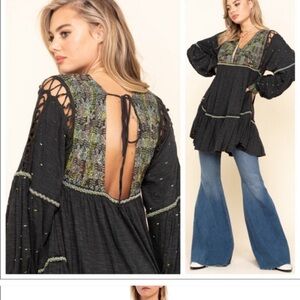 Free People Black and Green Tunic Top